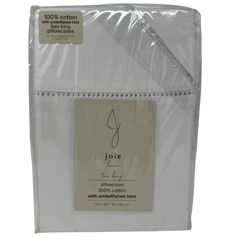 Joie Home KING pillowcases set of 2 embellished hems white cotton New